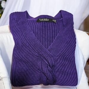 Lauren Ralph Lauren Black Label Dark Purple Cable Women's V-Neck Sweater Size-XL
